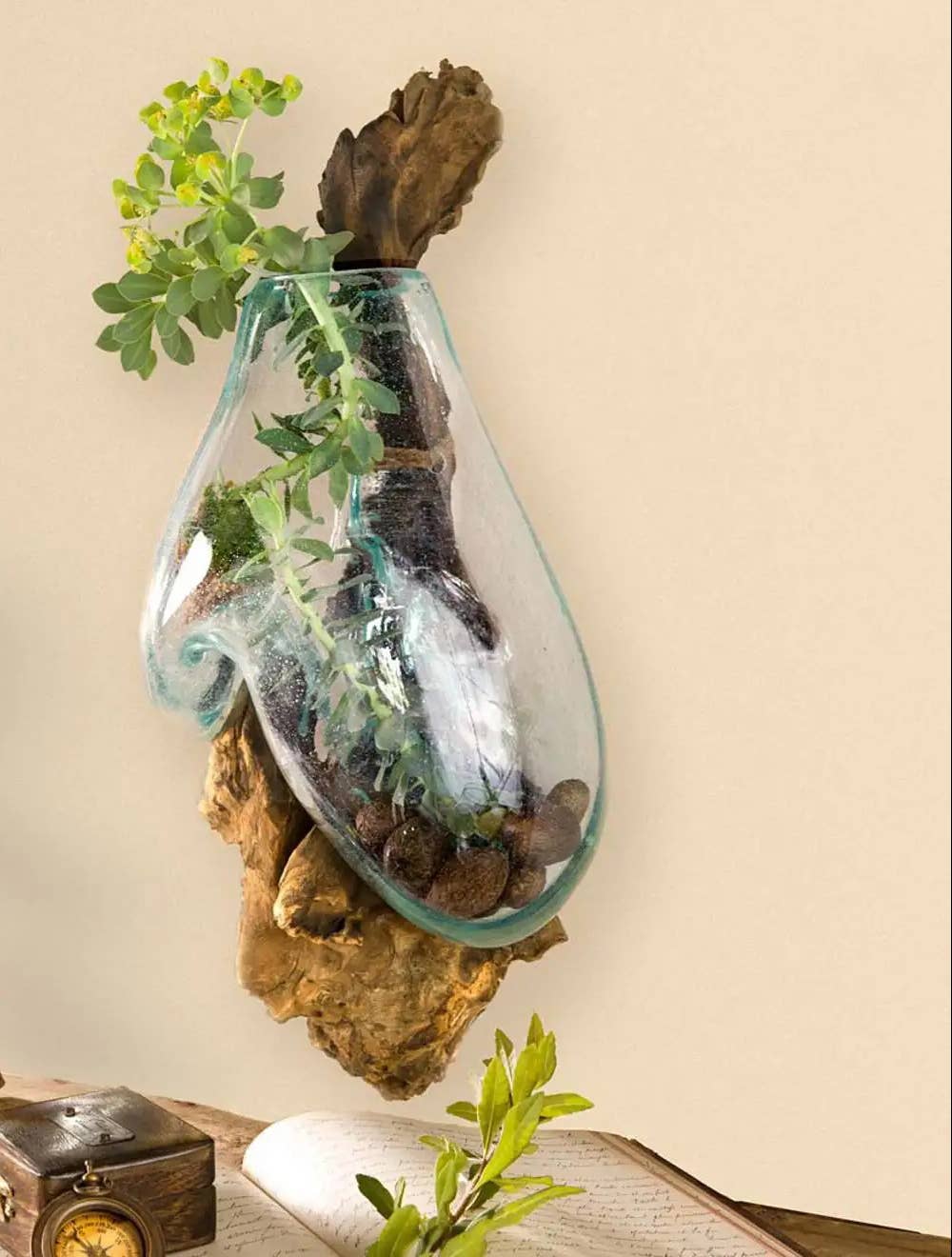 PRE-ORDER | Blown Glass With Teak Wall Planter Home Decor - X Large Size