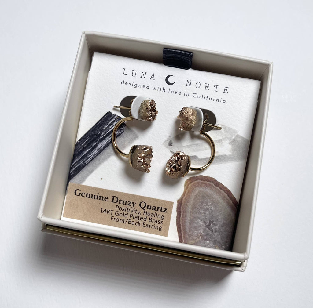 Cosmic Front-to-Back Post Earrings- Rose Gold Druzy Quartz