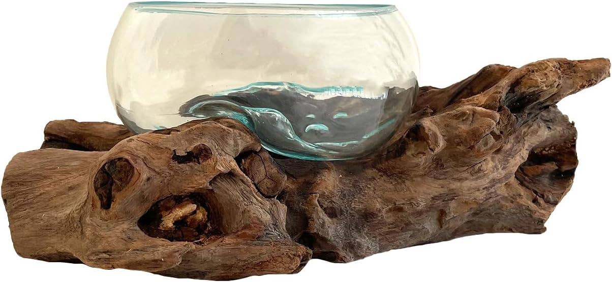 PRE-ORDER | Molten Blown Glass Wood Teak Planter Fruit Bowl