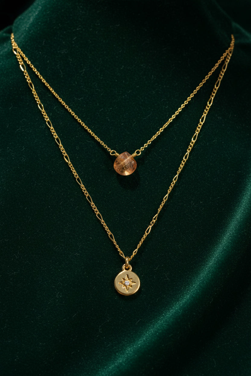 Daily Necklace Set in Sunstone is designed to be worn every single day, layered effortlessly and loved endlessly. Genuine Sunstone paired with 14Kt gold-plated brass gives you that perfect balance of earthy and elevated.

Two lengths, two looks — wear them together for a layered effect or separately for a more minimal vibe. Either way, you'll never want to take them off.