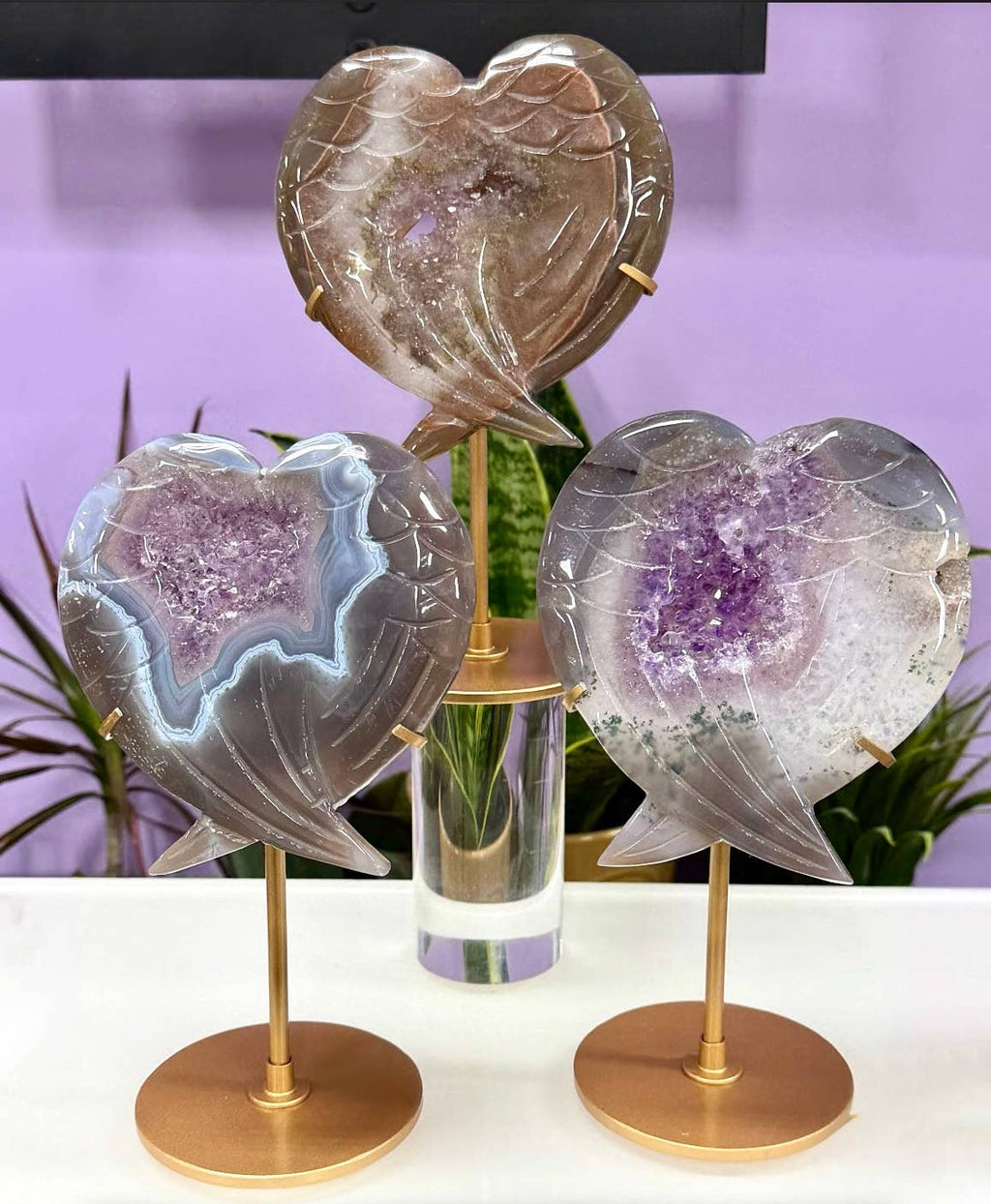 Amethyst Agate Wing Heart with Stand Natural Crystal