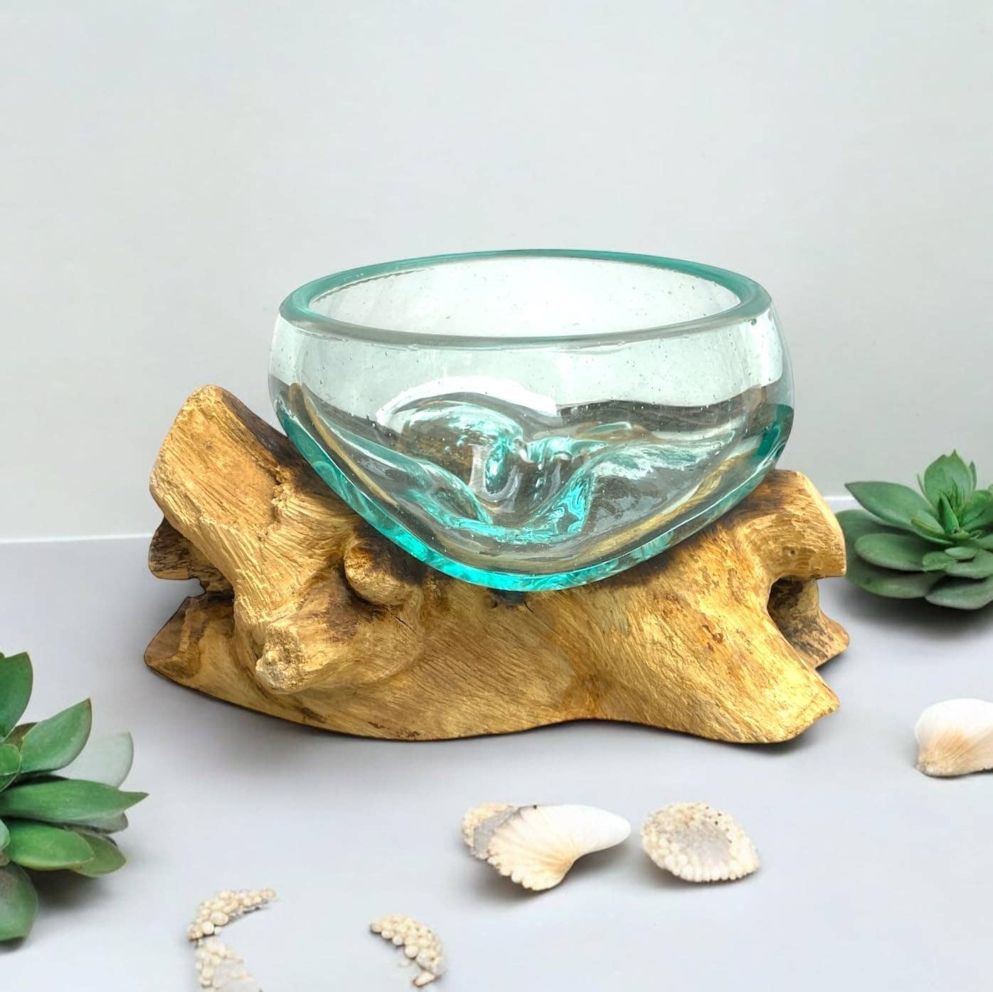 PRE-ORDER | Molten Glass Bowl With Wood Decorative Planter Vase
