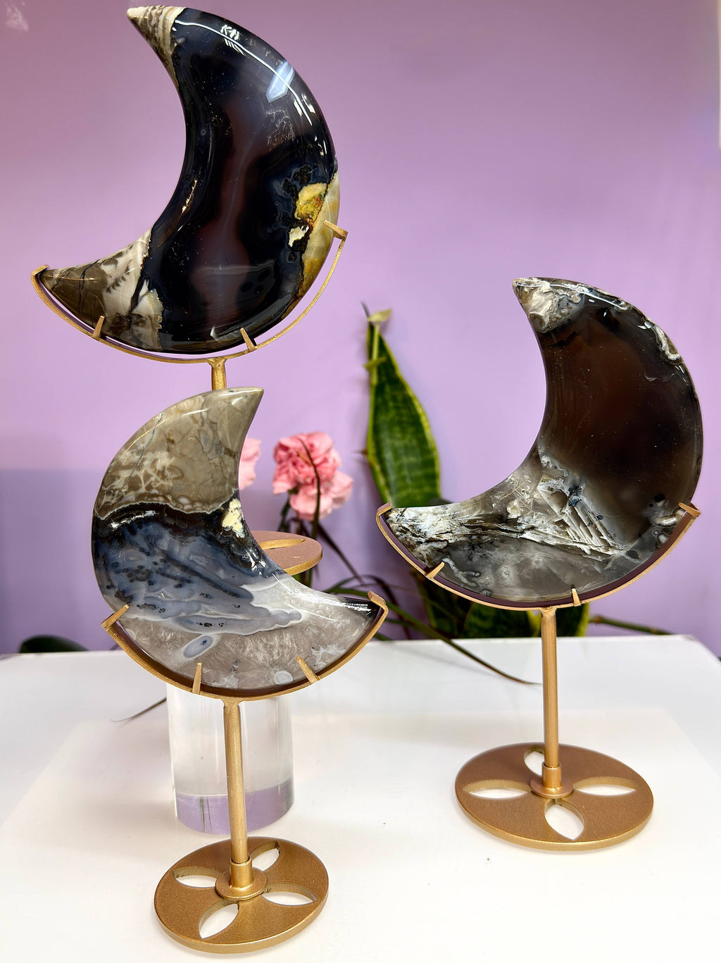 Natural Volcano Agate Moon with stand