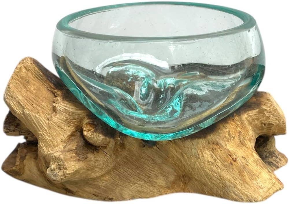 PRE-ORDER | Molten Glass Bowl With Wood Decorative Planter Vase
