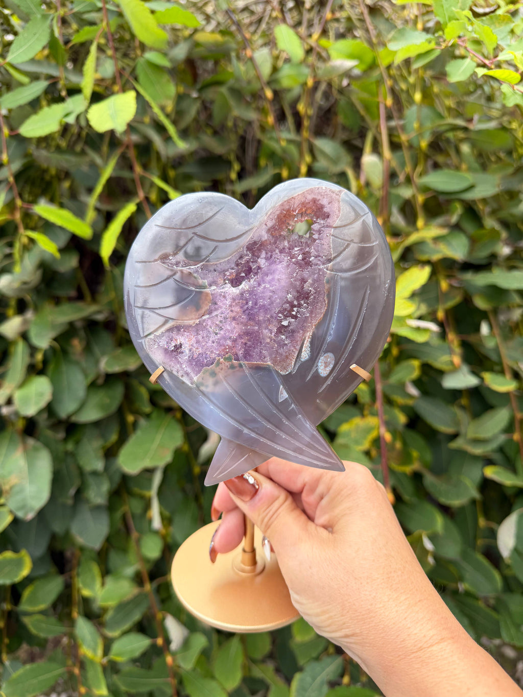 Amethyst Agate Wing Heart with Stand Natural Crystal