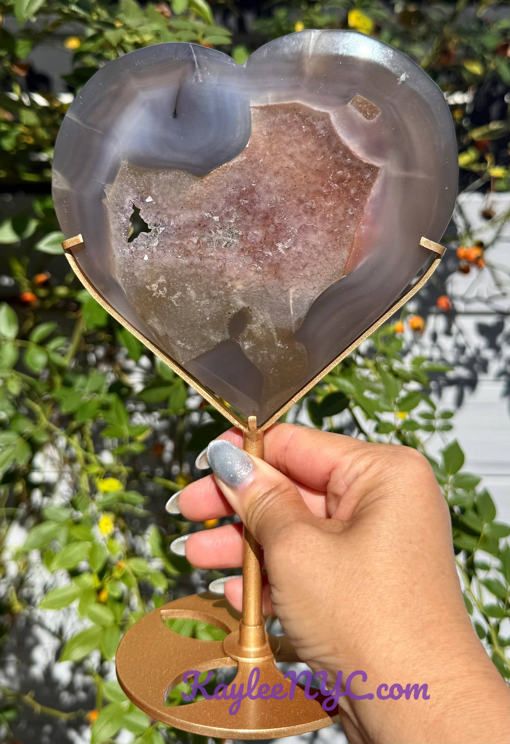 Natural Amethyst Agate Heart Crystal with Stand