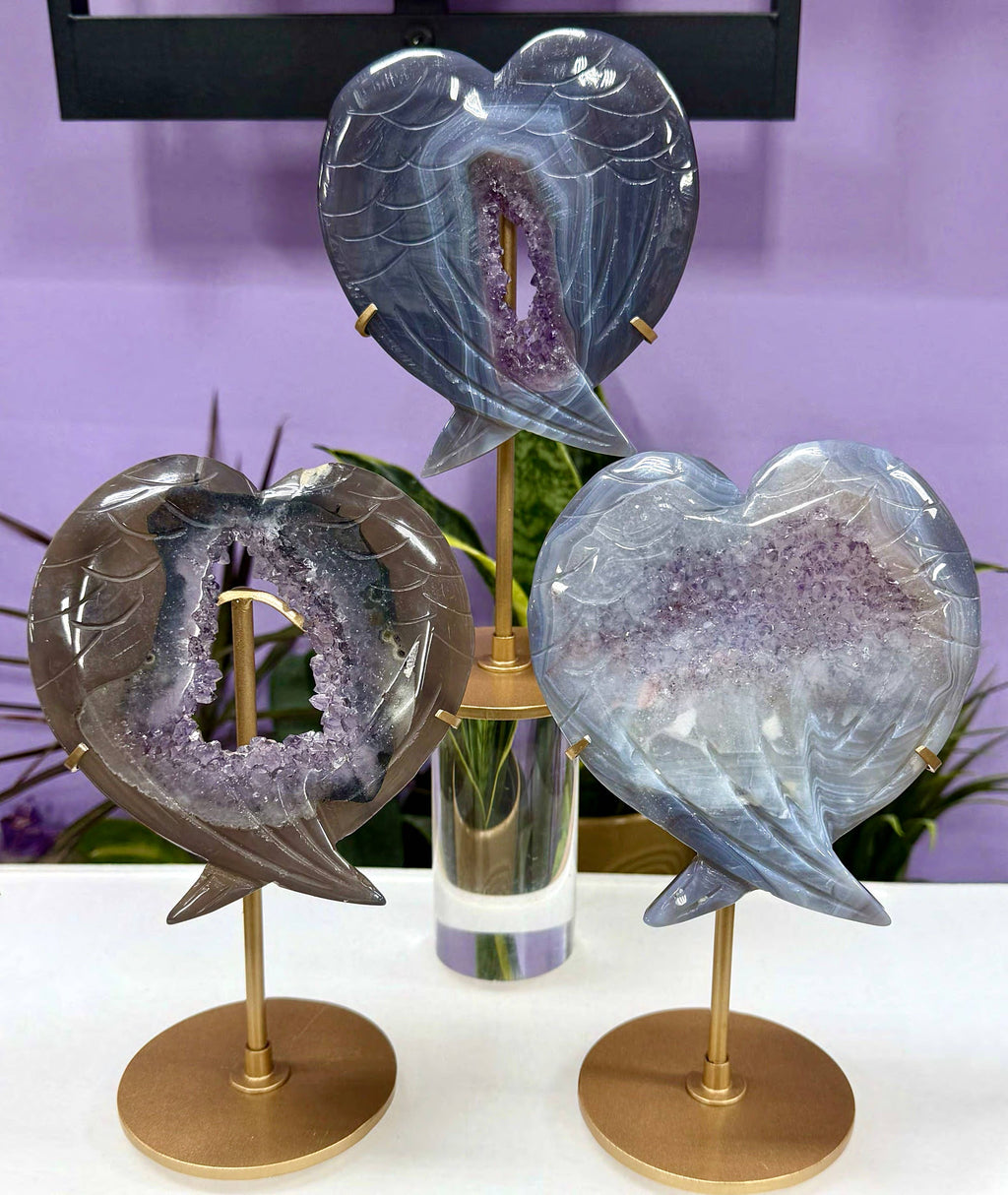 Amethyst Agate Wing Heart with Stand Natural Crystal