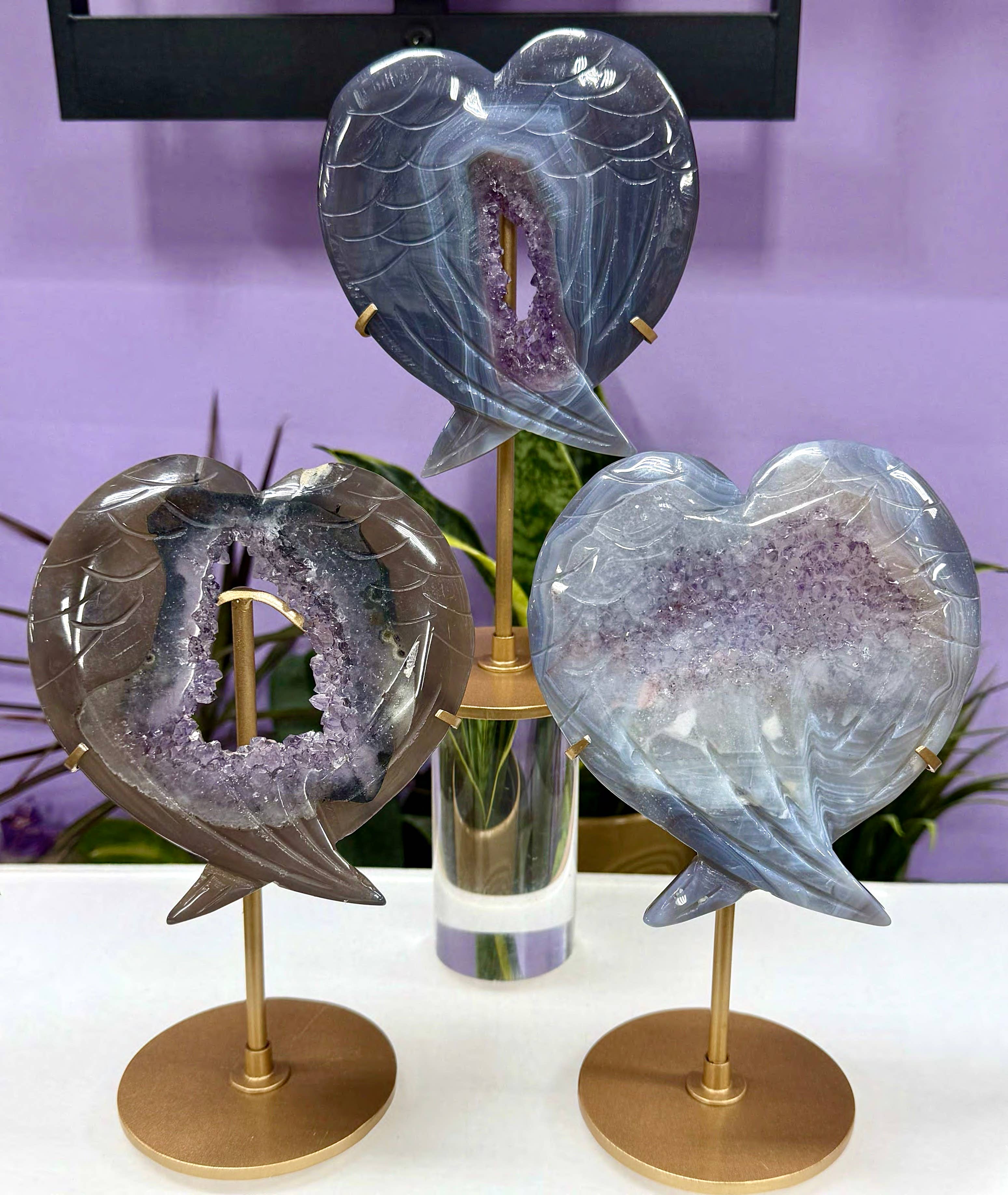 Amethyst Agate Wing Heart with Stand Natural Crystal