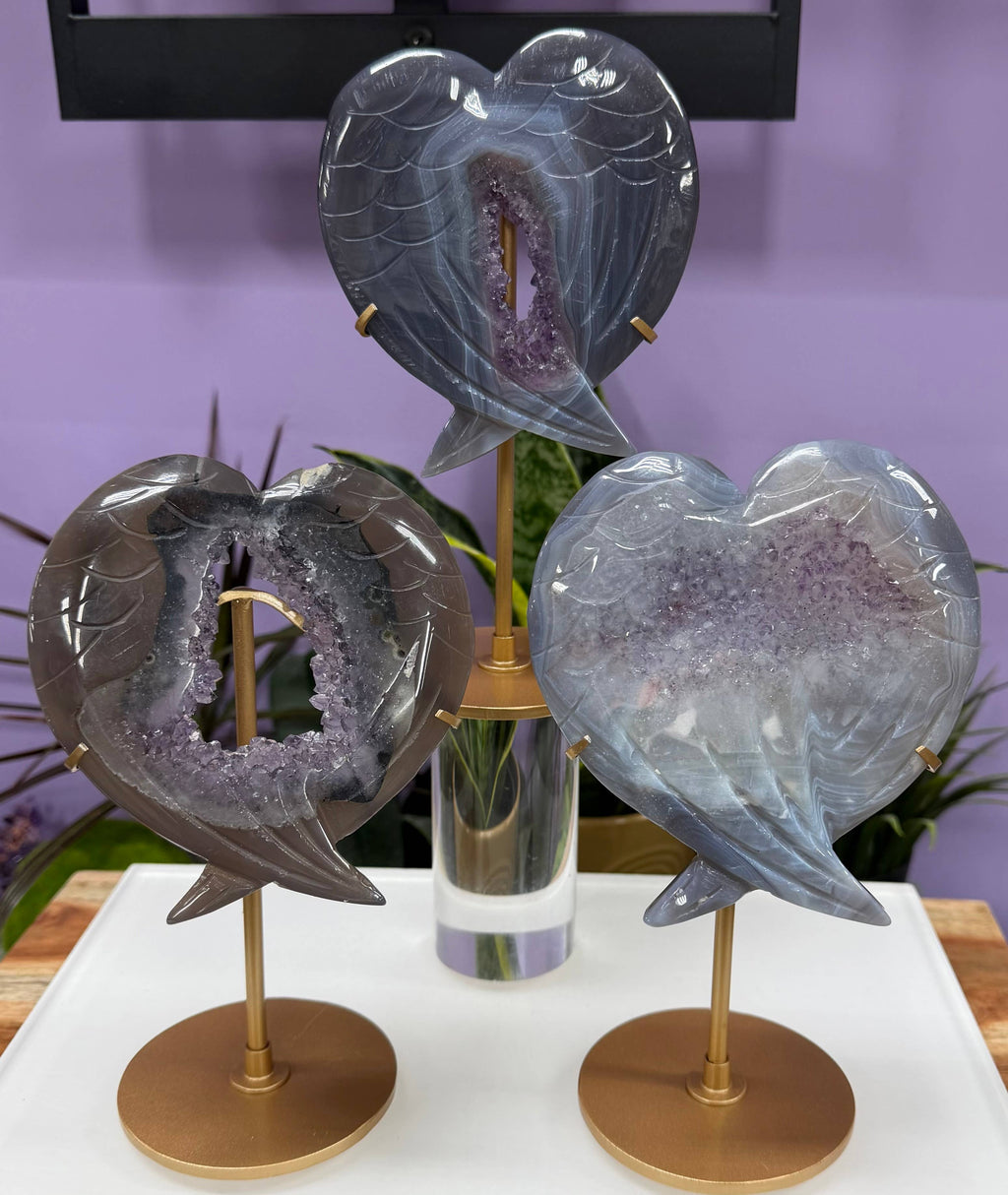 Amethyst Agate Wing Heart with Stand Natural Crystal