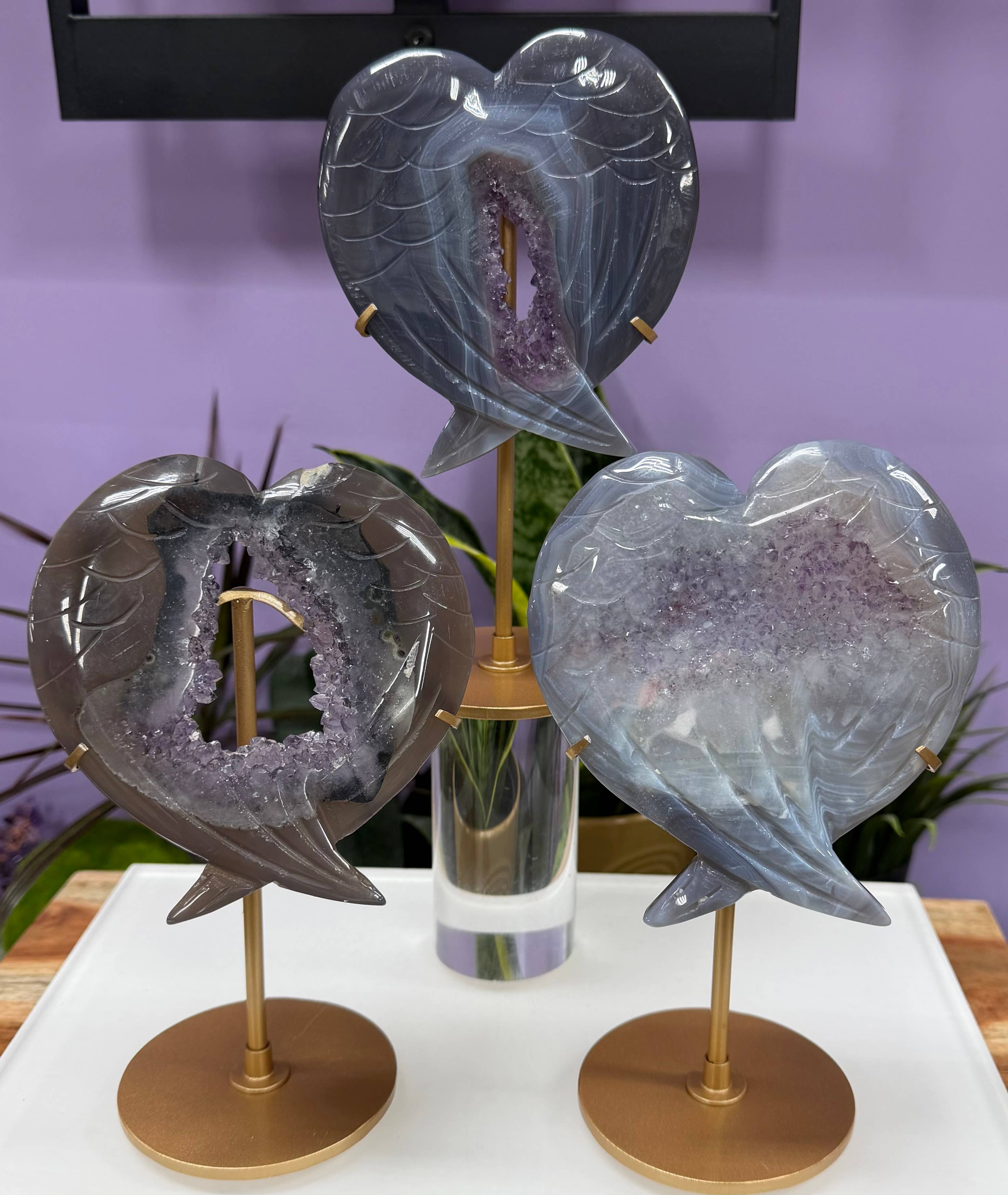 Amethyst Agate Wing Heart with Stand Natural Crystal