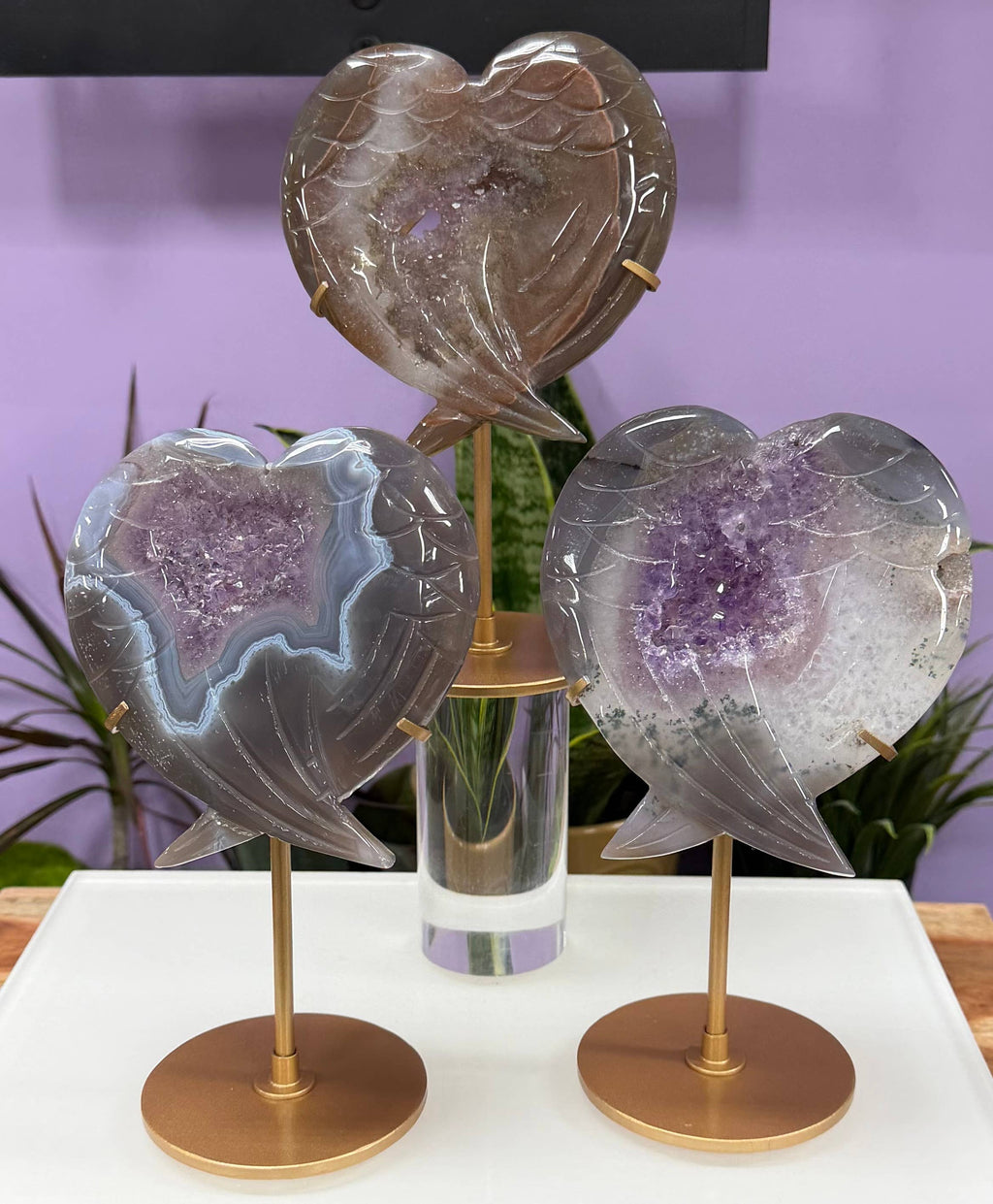 Amethyst Agate Wing Heart with Stand Natural Crystal