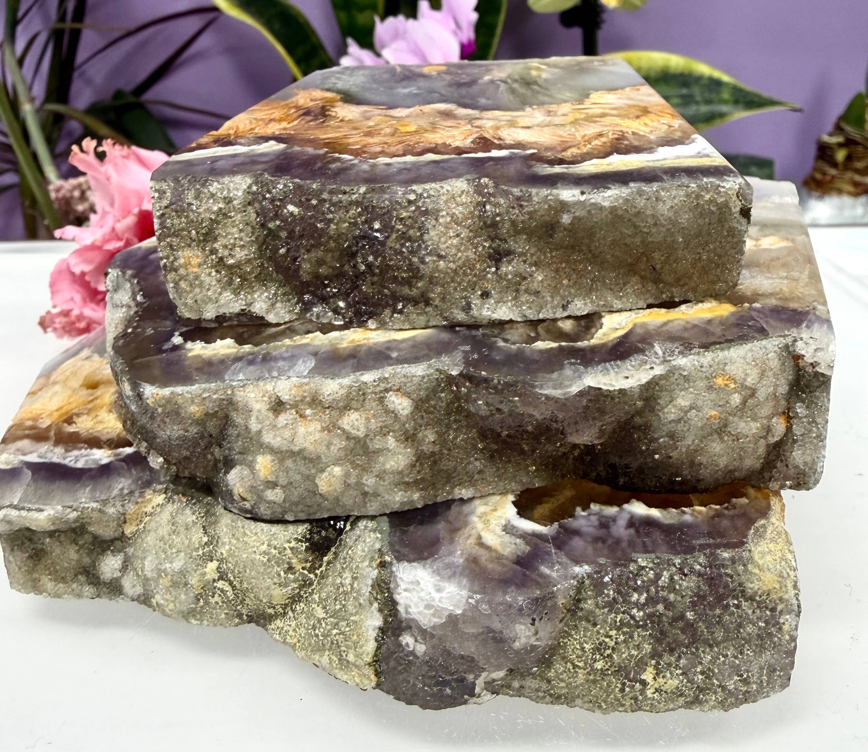 4 pcs Feather Fluorite Pyrite Slab Tower Natural Crystal 