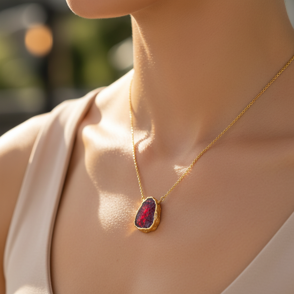 Garnet pendant necklace worn in sunlight