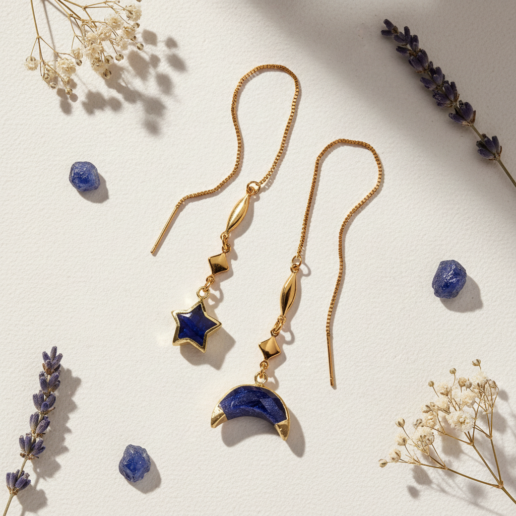 Dolce Cosmo sapphire threader earrings flat lay with crystals and botanicals