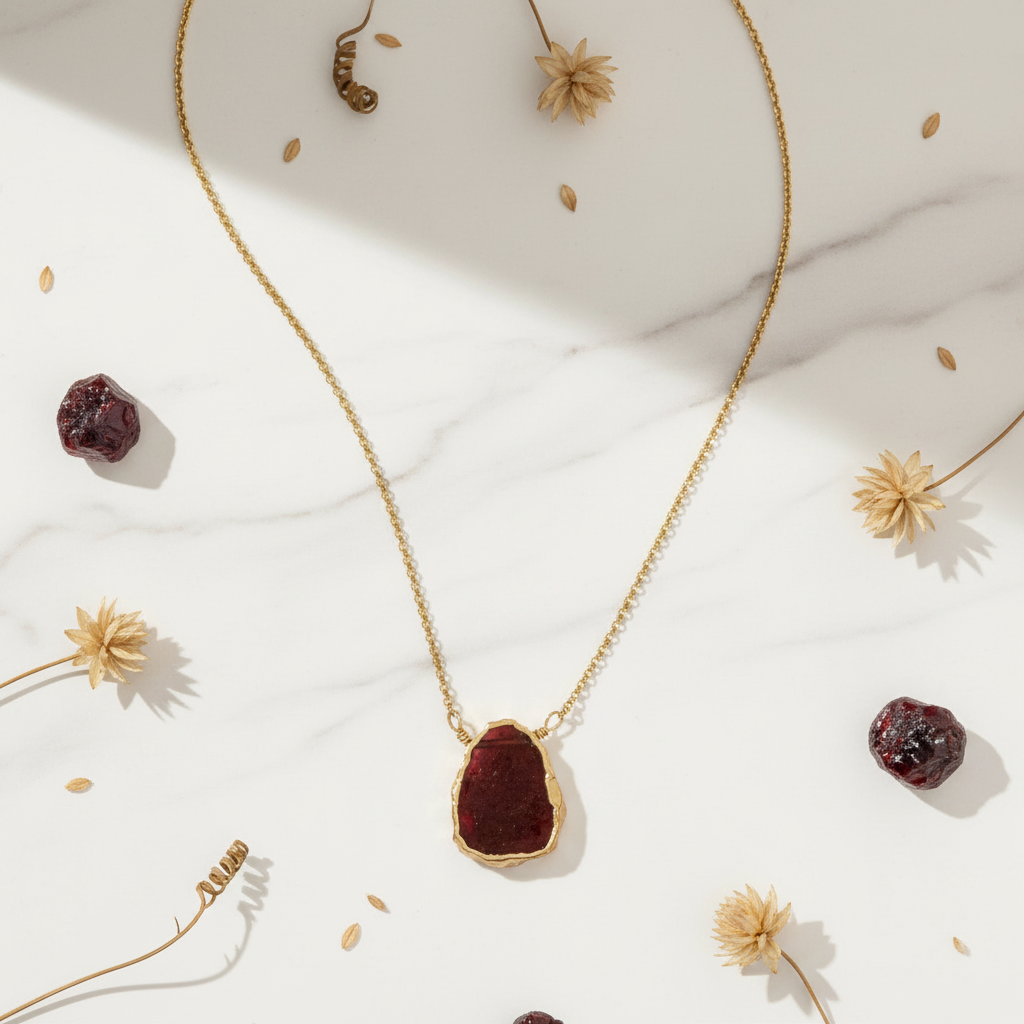 Garnet necklace flat lay on marble with raw crystals and botanicals