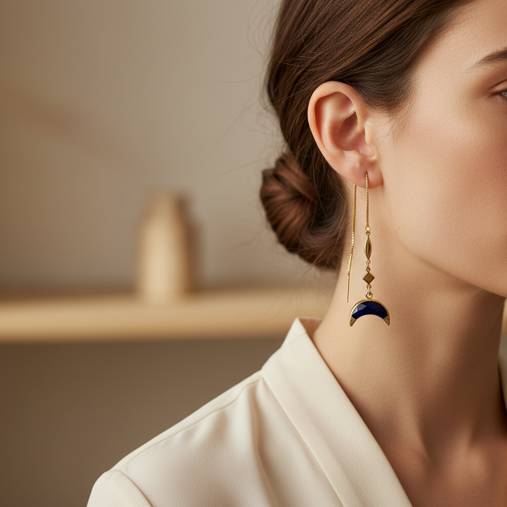 Dolce Cosmo sapphire threader earrings being worn